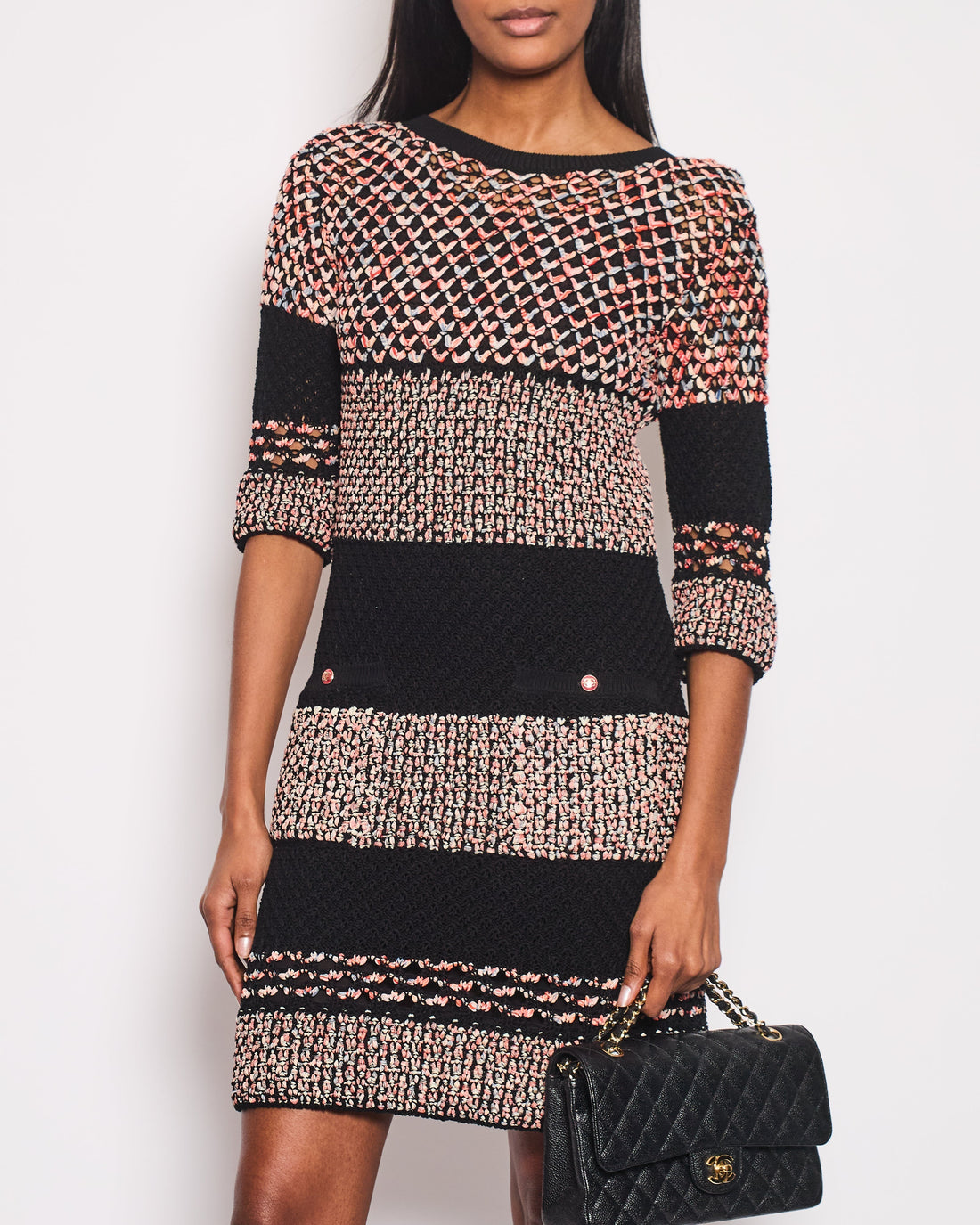 Top Quality Chanel Tweed Multi-Colour Open-Knit Dress with Front Pocket Detailing FR 34 (UK 6)