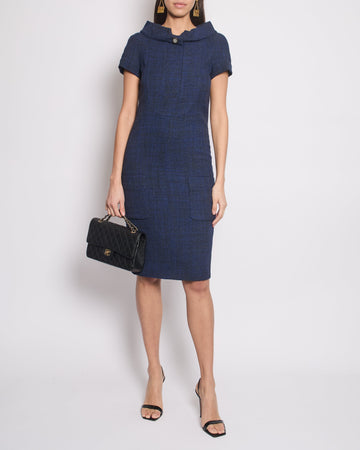 Top Quality Chanel Navy Short Sleeve Midi Dress with CC buttons Detail Size FR 36 (UK 8)