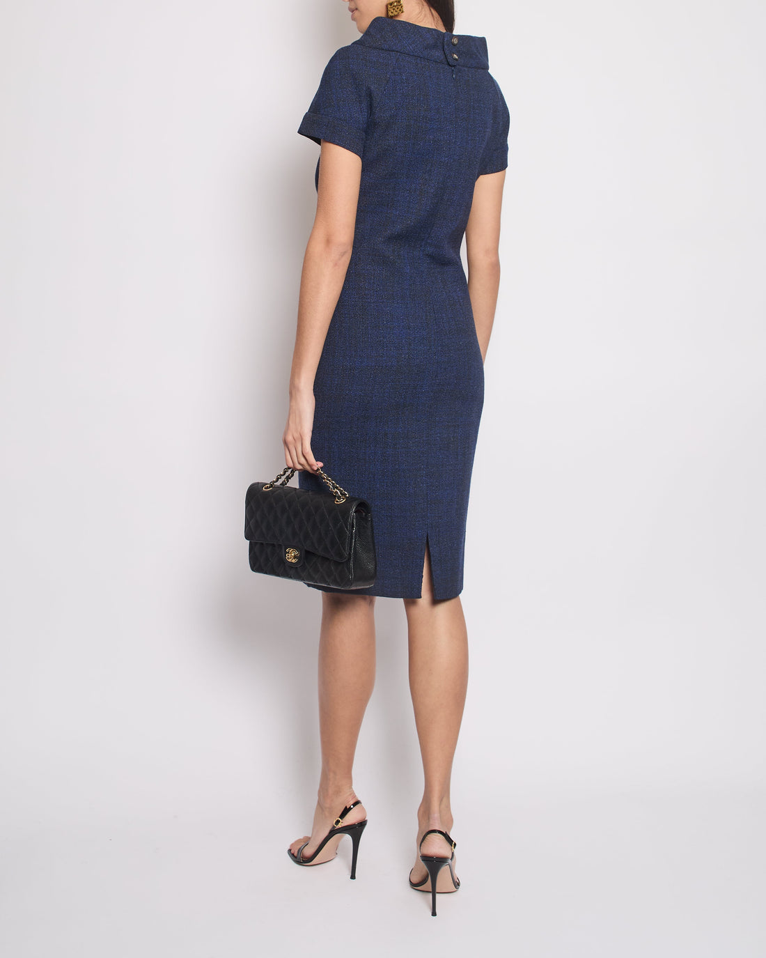 Top Quality Chanel Navy Short Sleeve Midi Dress with CC buttons Detail Size FR 36 (UK 8)