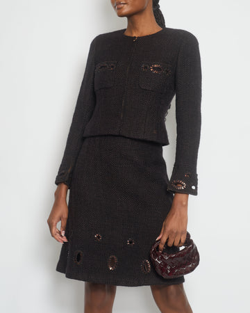 Top Quality Chanel 00/A Brown Eyelet Tweed Jacket with Matching Skirt Set Size 36 (UK 8)
