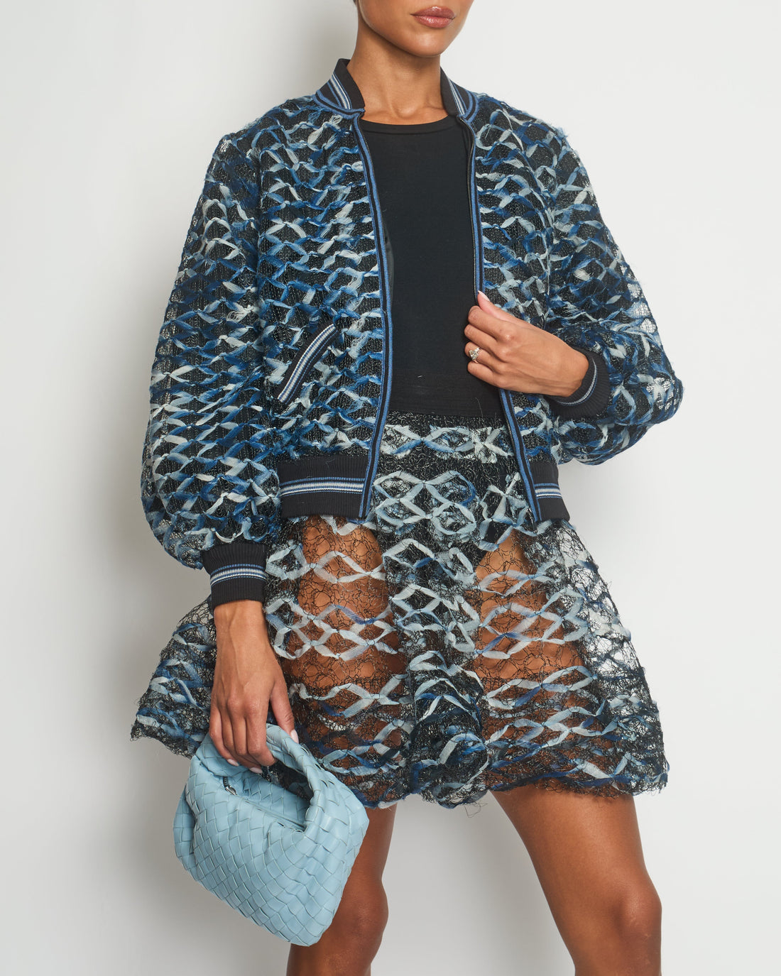 Top Quality Chanel 18S Black, White and Blue Fishnet Mini Skirt and Jacket Set Size FR 34 (UK 6) RRP ¬£6,850
