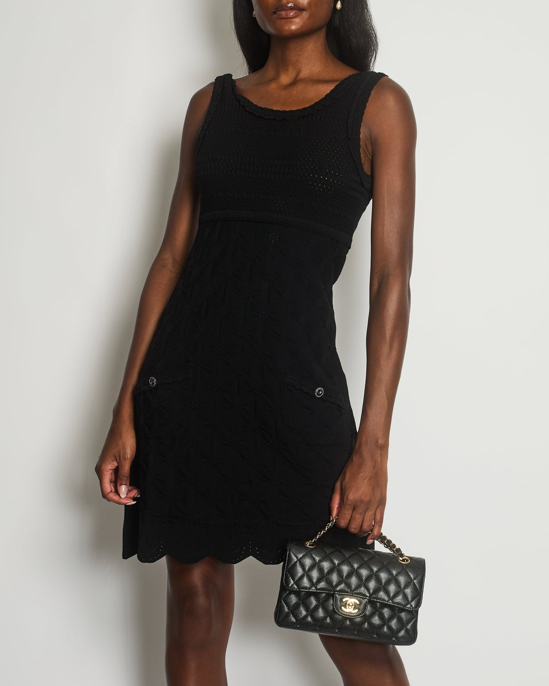 Top Quality Chanel Black Sleeveless Mini Dress with Cut-Out and Pockets with CC Buttons Detail Size FR 40 (UK 12)