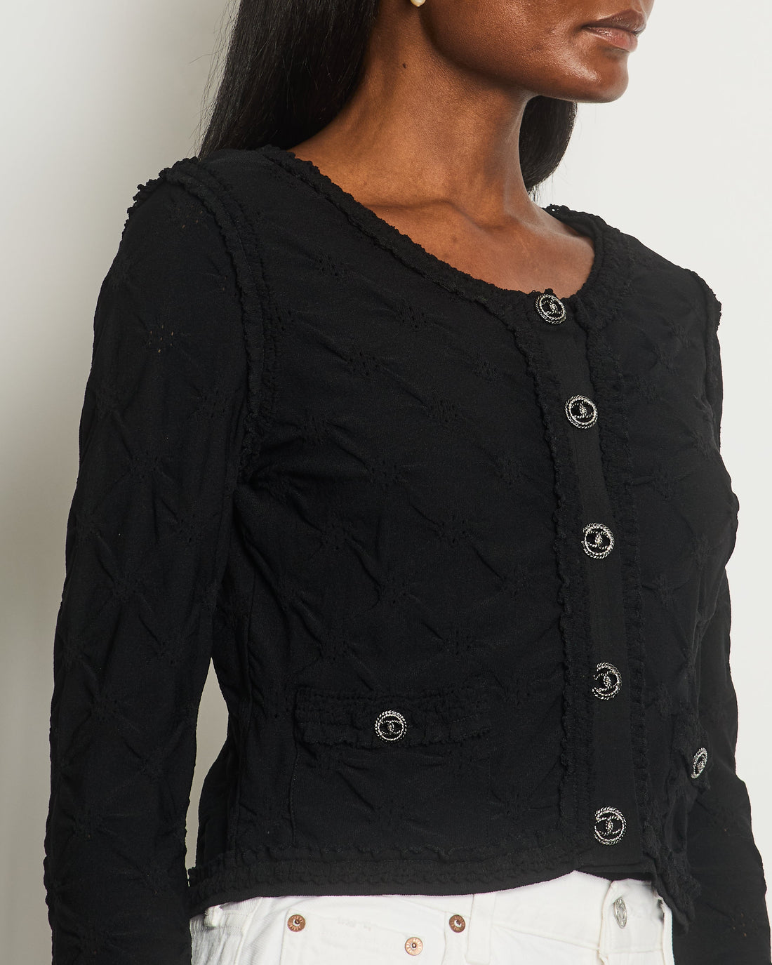 *HOT* Top Quality Chanel Black Stretch-Jersey igan with Ruthenium CC Buttons Detail Size FR 40 (UK 12)