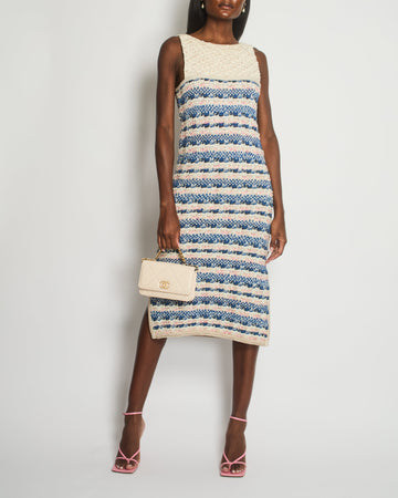 Top Quality Chanel 15C Pink, Blue & Cream Crochet Midi Dress With Metallic Thread Detail and Decorative Buttons Size FR 40 (UK 12)
