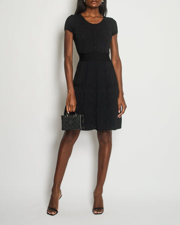 Top Quality Chanel Black Short-Sleeve Knitted Crochet Knitted Dress with Black Crystal CC Buttons Size FR 40 (UK 12)