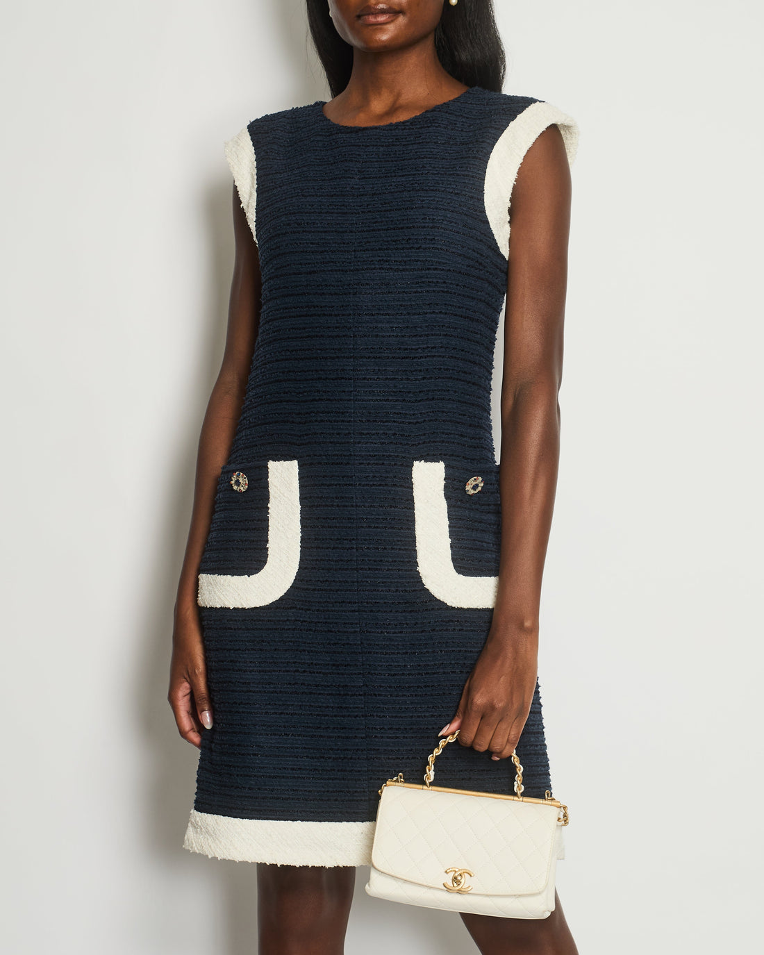 Top Quality Chanel Navy, White Tweed Dress with Pocket Detail Size FR 38 (UK 10)