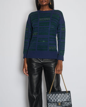 Top Quality Chanel Navy Cashmere Long-Sleeve Jumper with Green Sequin Embellishments Size FR 36 (UK 8)