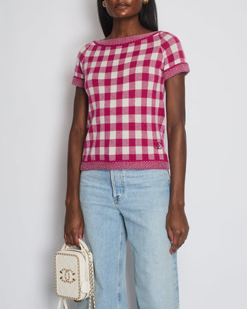 Top Quality Chanel Pink and White Gingham Cashmere Short-Sleeve Top with CC Logo Size FR 38 (UK 10)