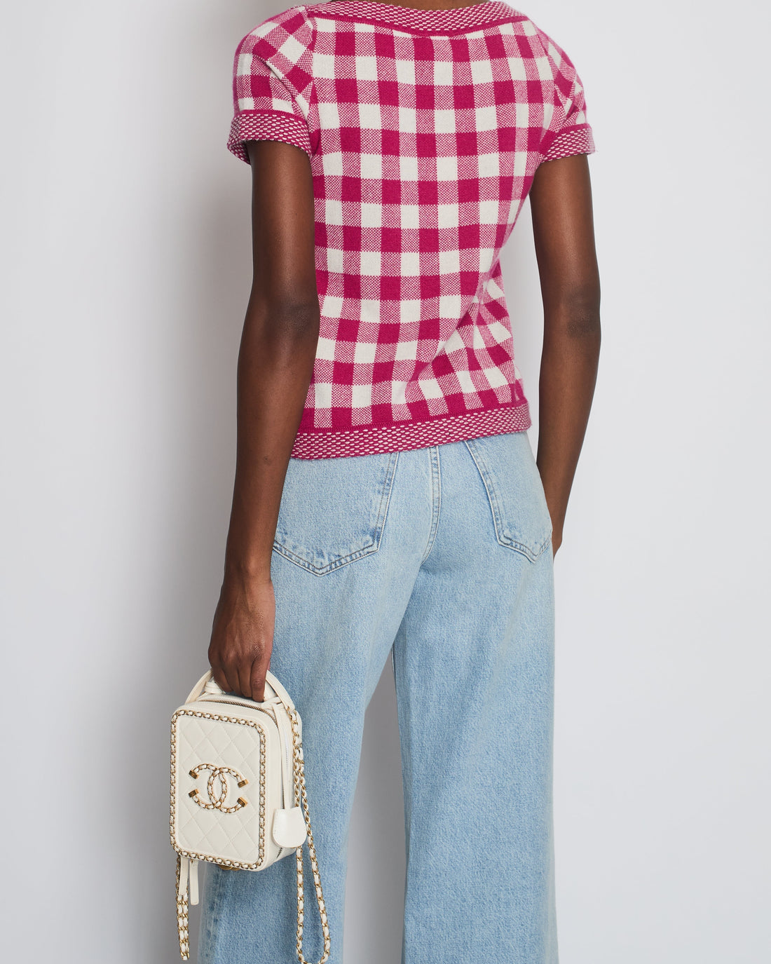 Top Quality Chanel Pink and White Gingham Cashmere Short-Sleeve Top with CC Logo Size FR 38 (UK 10)