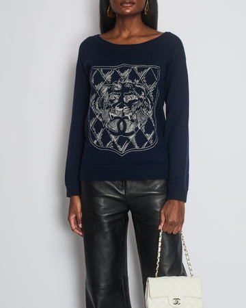 Top Quality Chanel Navy Cashmere Long-Sleeve Jumper with White CC Logo Embroidery Size FR 38 (UK 10)