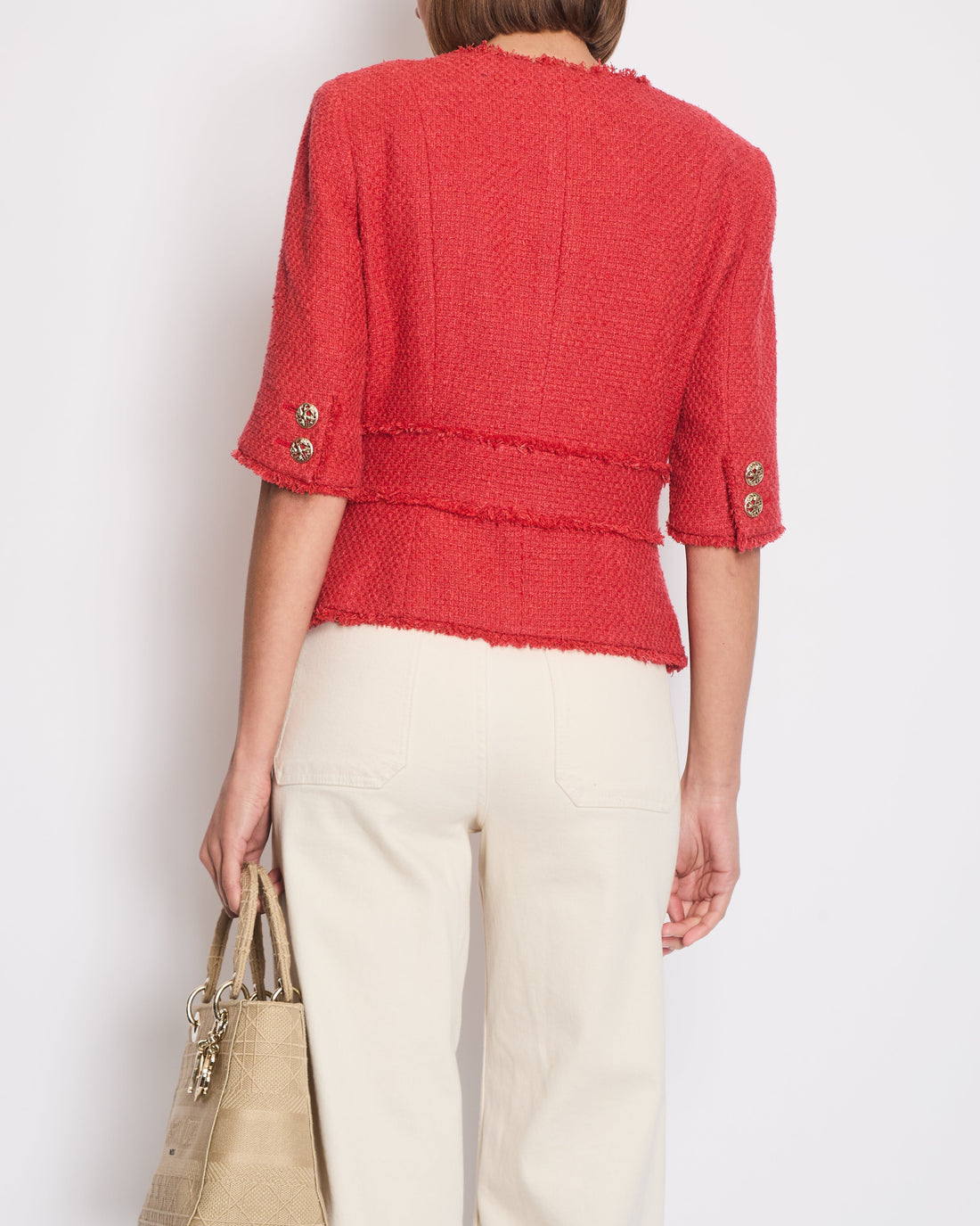 Top Quality Chanel Coral Red Tweed Mid-Sleeve Jacket with Bird-Detailed Gold CC Logo Buttons Size FR 40 (UK 12)