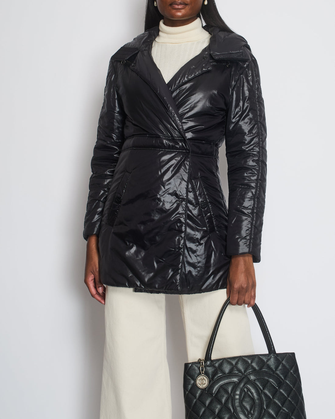 Top Quality Chanel Black Down Coat with Velcro Closure Detail FR 36 (UK 8)