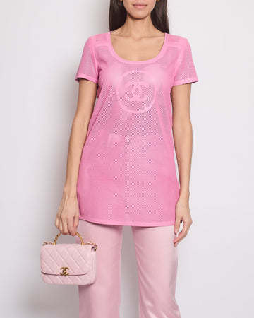 Top Quality Chanel Pink Lambskin Leather Perforated Short-Sleeve Tunic Top with CC Logo Size FR 36 (UK 8)