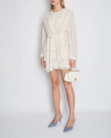 Top Quality Chanel 24C Cream Long Line Belted igan with Metallic & Multi-Colour Threads and Sequins Detail Size FR 36 (UK 8)