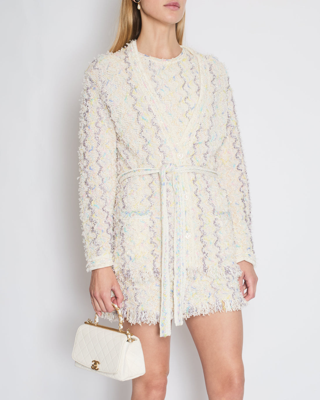 Top Quality Chanel 24C Cream Long Line Belted igan with Metallic & Multi-Colour Threads and Sequins Detail Size FR 36 (UK 8)