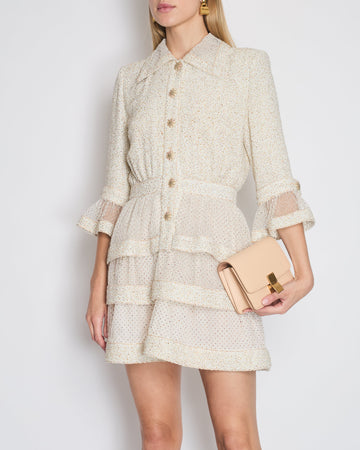 *RUNWAY* Top Quality Chanel Spring/Summer 2020 Beige Long Sleeve Dress with Mesh Polkadot & CC Buttons Details Size FR 36 (UK 8)