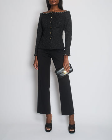 Top Quality Chanel Black Off-Shoulder Embroidered Camellia Button Jacket Size FR 40 (UK 12)
