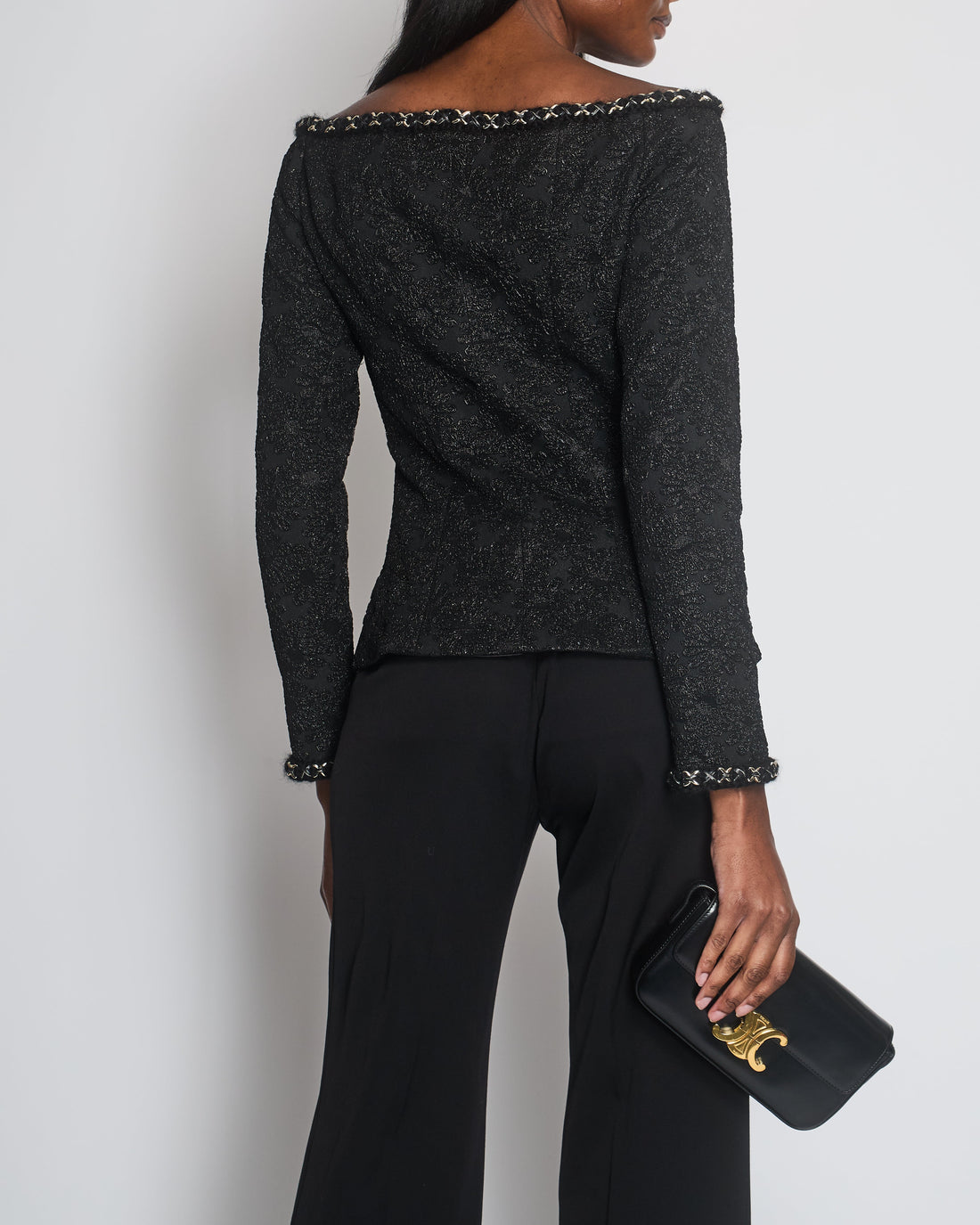 Top Quality Chanel Black Off-Shoulder Embroidered Camellia Button Jacket Size FR 40 (UK 12)