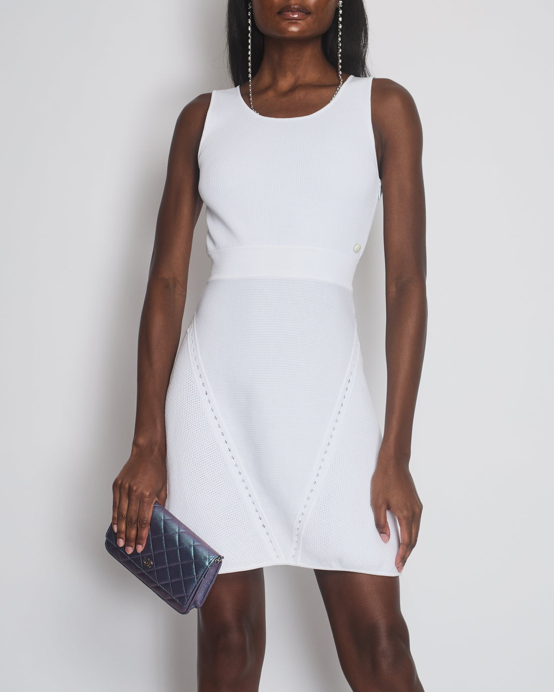Top Quality Chanel White Sleeveless Ribbed Skater Dress with CC Logo Button Size FR 38 (UK 10)