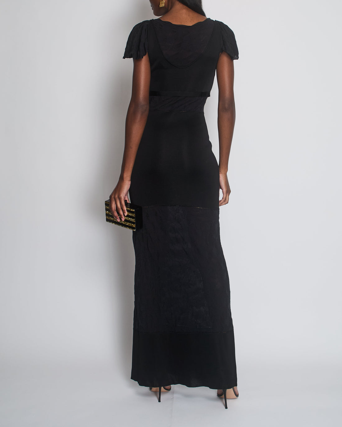 Top Quality Chanel Black Short Sleeve Maxi Dress with Sheer Panelling Size FR 36 (UK 8)