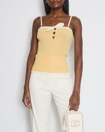 Top Quality Chanel Pastel Yellow Fine Knit Vest Top with Cream Trim, Bow and Crystal CC Detail FR 38 (UK 10)