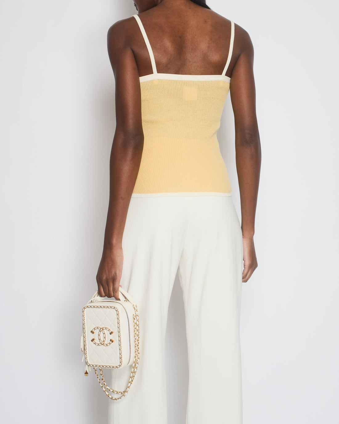 Top Quality Chanel Pastel Yellow Fine Knit Vest Top with Cream Trim, Bow and Crystal CC Detail FR 38 (UK 10)