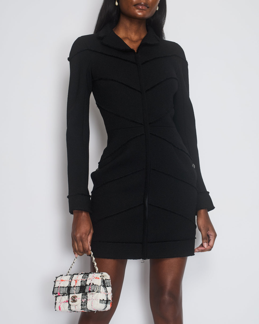 Top Quality Chanel Black Long Sleeve Mini Dress With Frayed Details & Crystal Buttons Size FR 36 (UK 8)