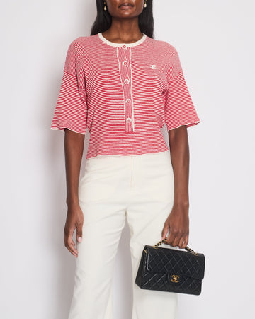 Top Quality Chanel Red Striped Quarter Sleeve Round Neck Button Down Top with CC Logo Detail Size FR 34 (UK 6)