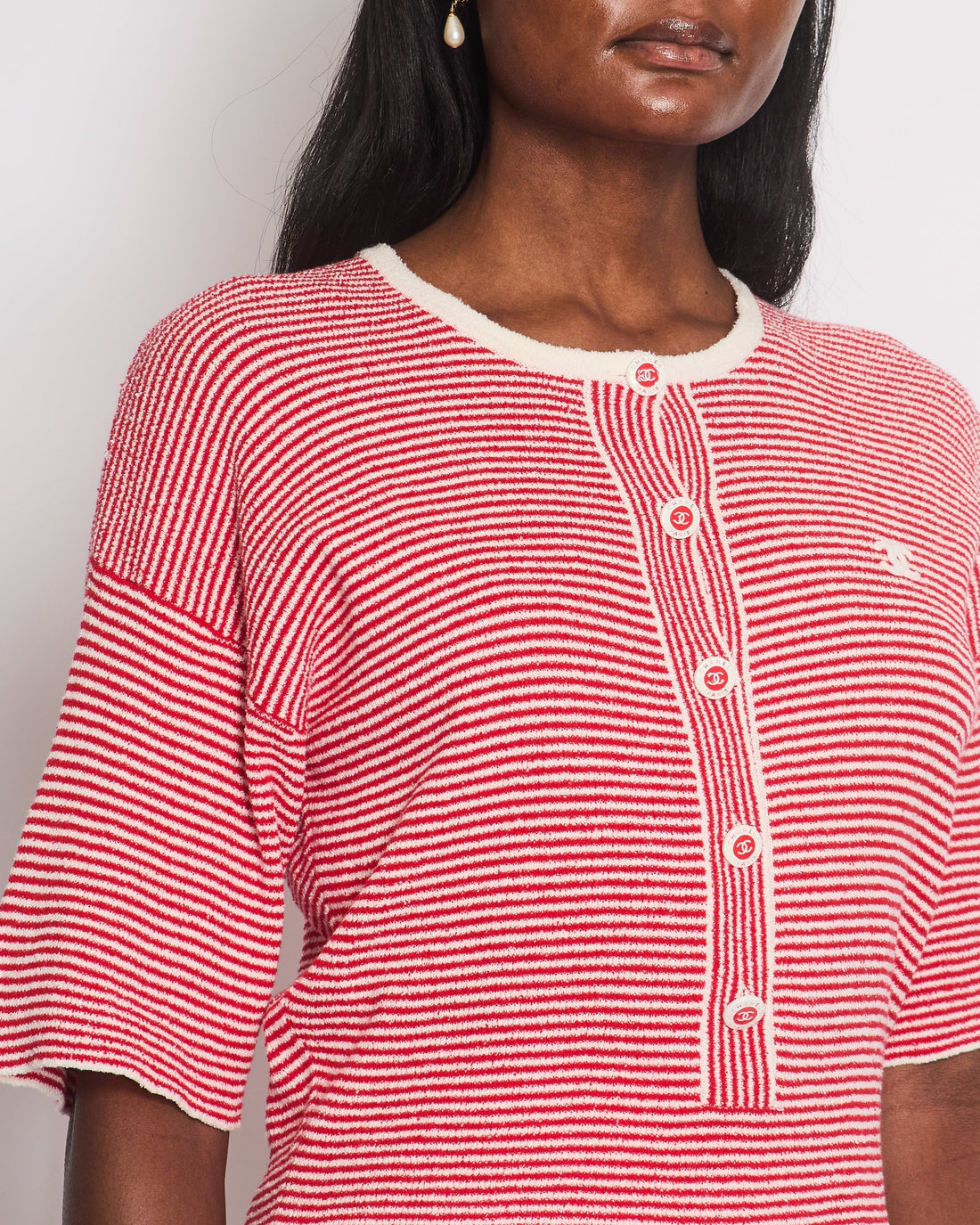 Top Quality Chanel Red Striped Quarter Sleeve Round Neck Button Down Top with CC Logo Detail Size FR 34 (UK 6)