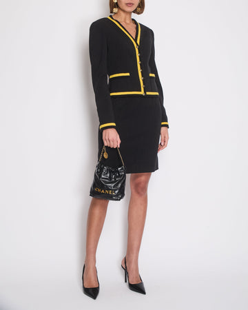 *HOT* Top Quality Chanel 1994  Black and Yellow Wool Jacket & Midi Skirt Set with CC Logo Button Details Size FR 40 (UK 12)