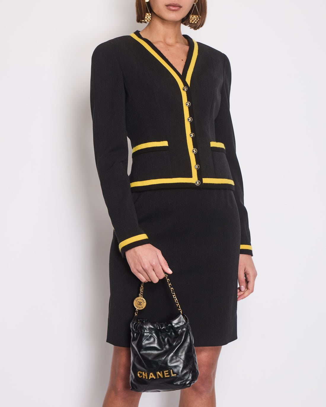 *HOT* Top Quality Chanel 1994  Black and Yellow Wool Jacket & Midi Skirt Set with CC Logo Button Details Size FR 40 (UK 12)