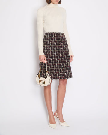 Top Quality Chanel Red, Black and Gold Checked Tweed Skirt with a Black CC Crystal Logo Detail Size FR 44 (UK 16)