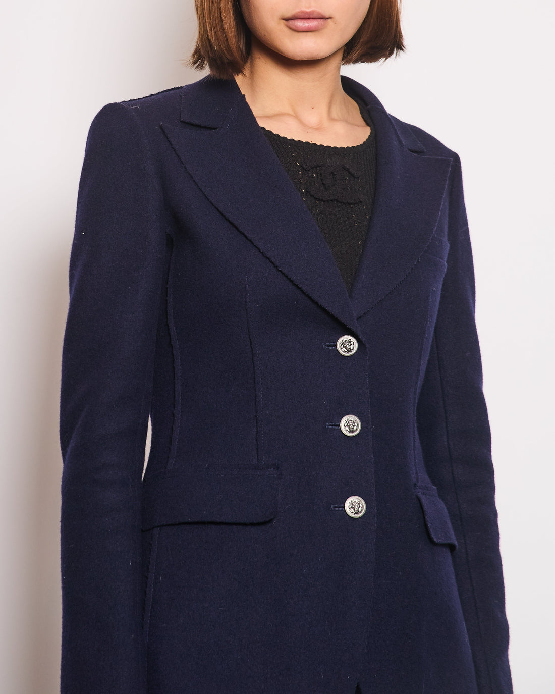 Top Quality Chanel Navy Wool Blazer Jacket with Silver CC Button Detail FR 36 (UK 8)