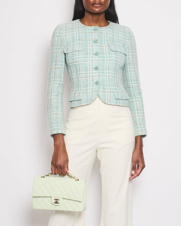 Top Quality Chanel 1997  Baby Blue, Brown and White Tweed Jacket with CC Button Details Size FR 34 (UK 6)