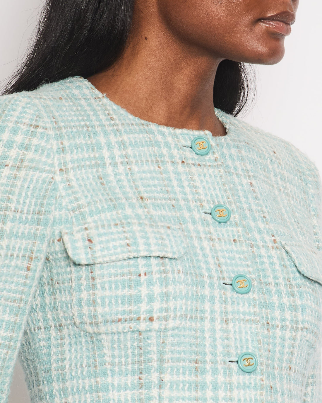 Top Quality Chanel 1997  Baby Blue, Brown and White Tweed Jacket with CC Button Details Size FR 34 (UK 6)