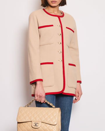 Top Quality Chanel  Wool Beige and Red Jacket with Gold CC Button Details Size FR 38 (UK 10)