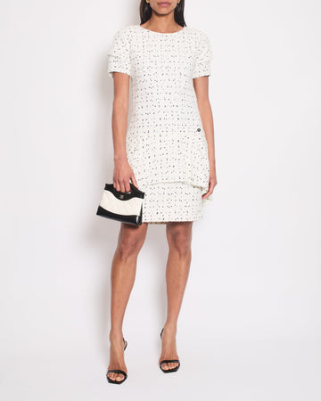 Top Quality Chanel White & Black Tweed Mini Dress With Frill Detail Skirt Size FR 38 (UK 10)