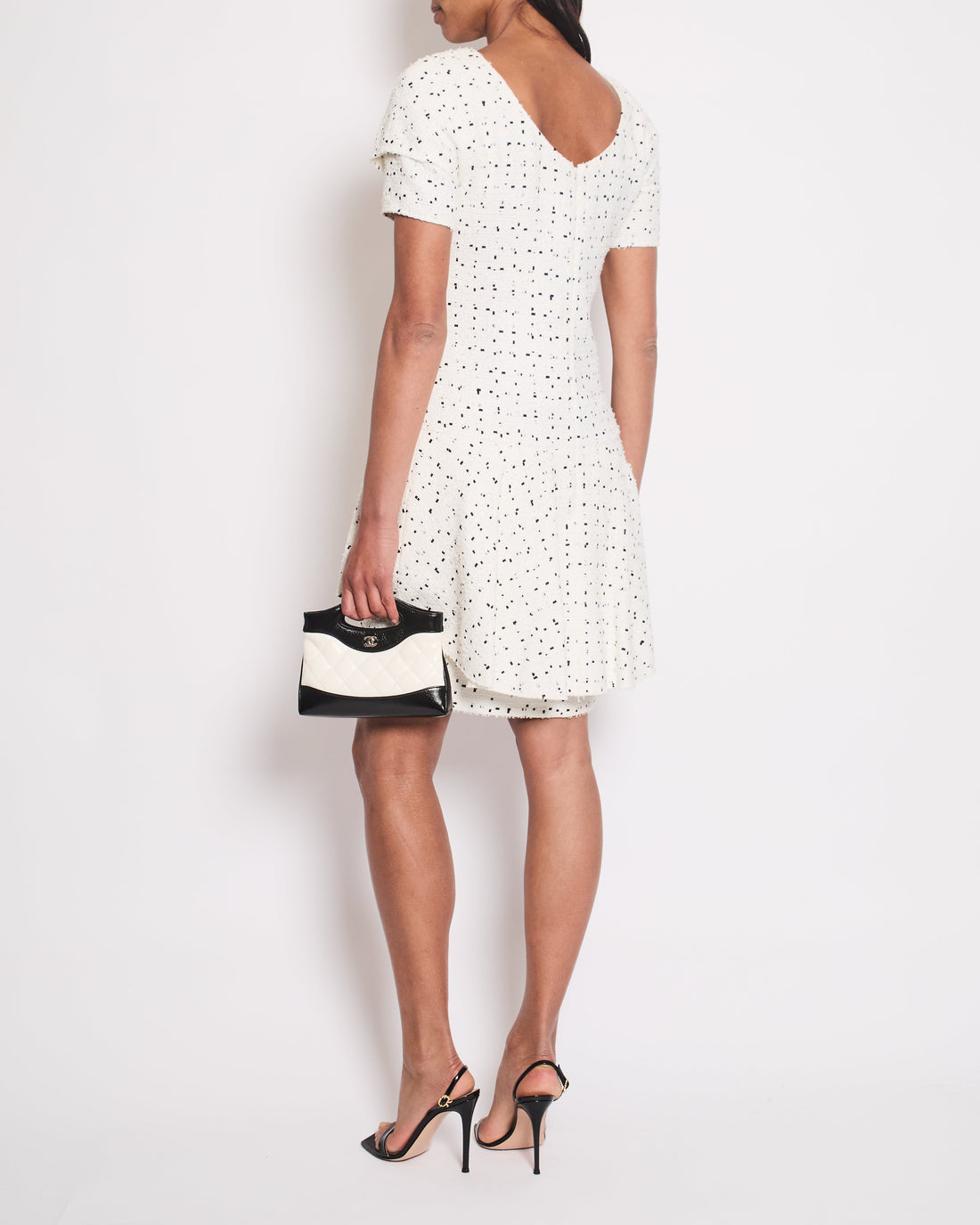 Top Quality Chanel White & Black Tweed Mini Dress With Frill Detail Skirt Size FR 38 (UK 10)