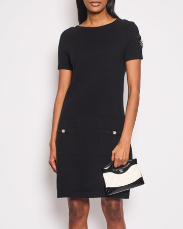 Top Quality Chanel Black Dress with Gold Logo Patch Detail Size FR 42 (UK 14)