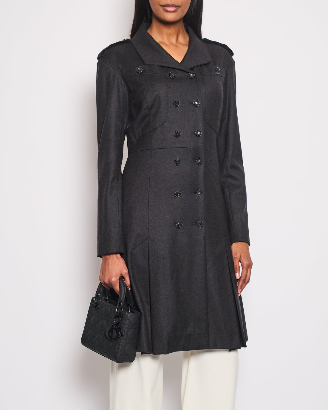Top Quality Chanel Charcoal Wool Trench Coat with CC Logo Buttons Detailing Size FR 42 (UK 14)