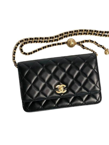 Wallet On Chain Crossbody Bag Lambskin Gold Black Chanel
