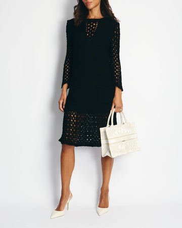 Top Quality Chanel Black Crochet Long Sleeve Dress with Pearl Button Back Detail Size FR 38 (UK 10)