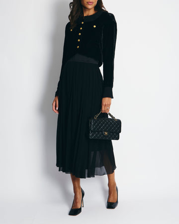 Top Quality Chanel  Black Pleated Mesh Skirt and Velvet Jacket Set Size FR 38 (UK 10)