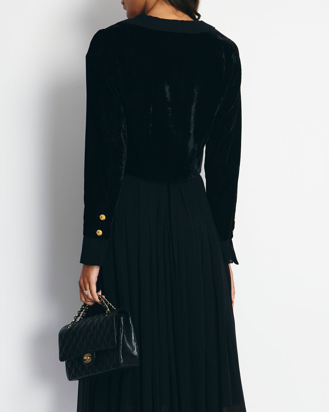 Top Quality Chanel  Black Pleated Mesh Skirt and Velvet Jacket Set Size FR 38 (UK 10)