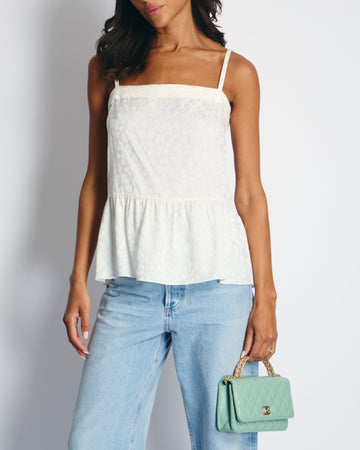 Top Quality Chanel 23AK White Silk Sleeveless Shirt with CC Logo and Leopard Prints Detail FR 36 (UK 8) RRP ¬£2450