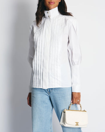 Top Quality Chanel White Cotton High Neck Pleated Shirt Size FR34 (UK6) RRP ¬£3,720
