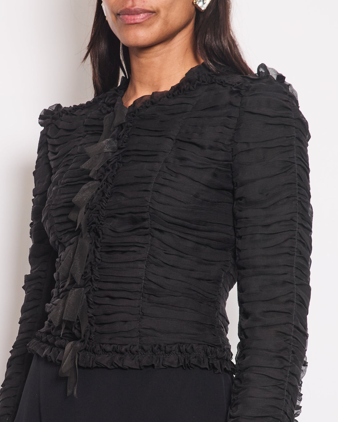Top Quality Chanel 06A Black Ruched Long Sleeve Silk Blo with Bows Detail FR 38 (UK 10)