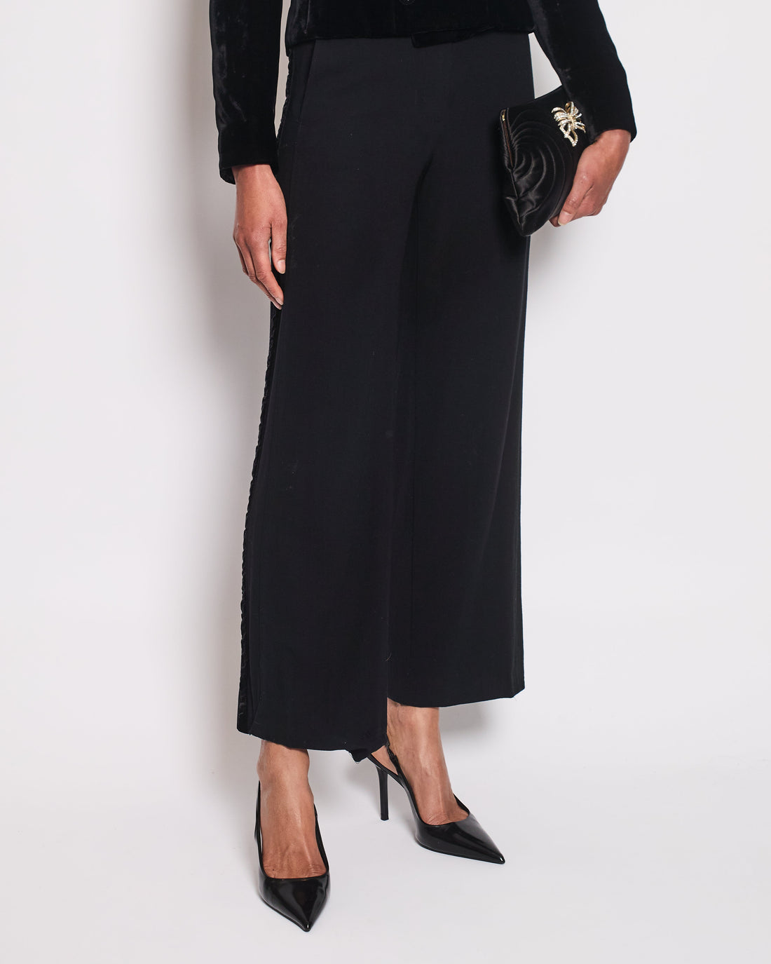 Top Quality Chanel Black Wide Leg Trors With Velvet Side Trim Size FR 38 (UK 10)