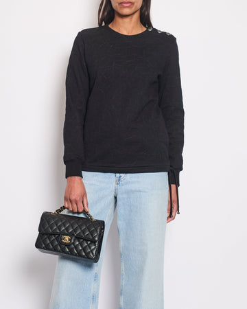 Top Quality Chanel Black Jumper with Camelia Detail and Silver CC Buttons Size FR 34 (UK 6)