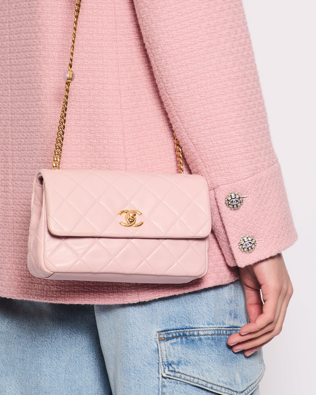 Top Quality Chanel Baby Pink Mini Flap Bag with Pastel Embellished Chain Detail in Lambskin Leather and Gold Hardware